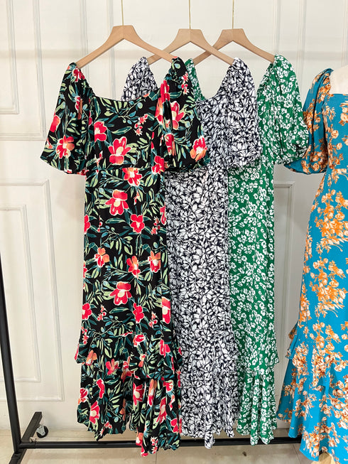 Summer Floral Puffer Sleeves Long Tiered Maxi Dress